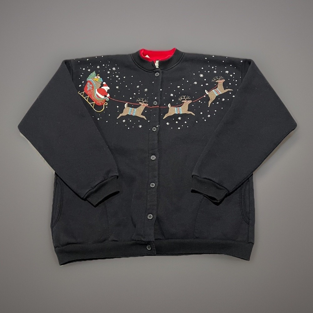Vintage Orvis Womens Black Reindeer Christmas Snowflake Cardigan Sweater L/XL